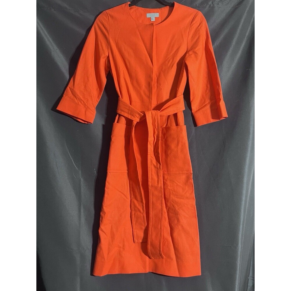 COS Women Coral Orange Wool Blend 3/4 Sleeve Belted Shift Dress Work Office Sz 2